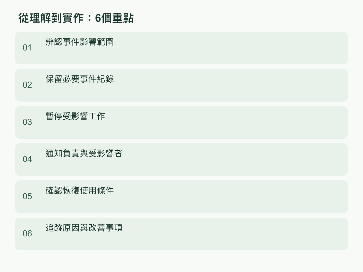 實作步驟:辨認事件影響範圍;保留必要事件紀錄;暫停受影響工作;通知負責與受影響者;確認恢復使用條件;追蹤原因與改善事項