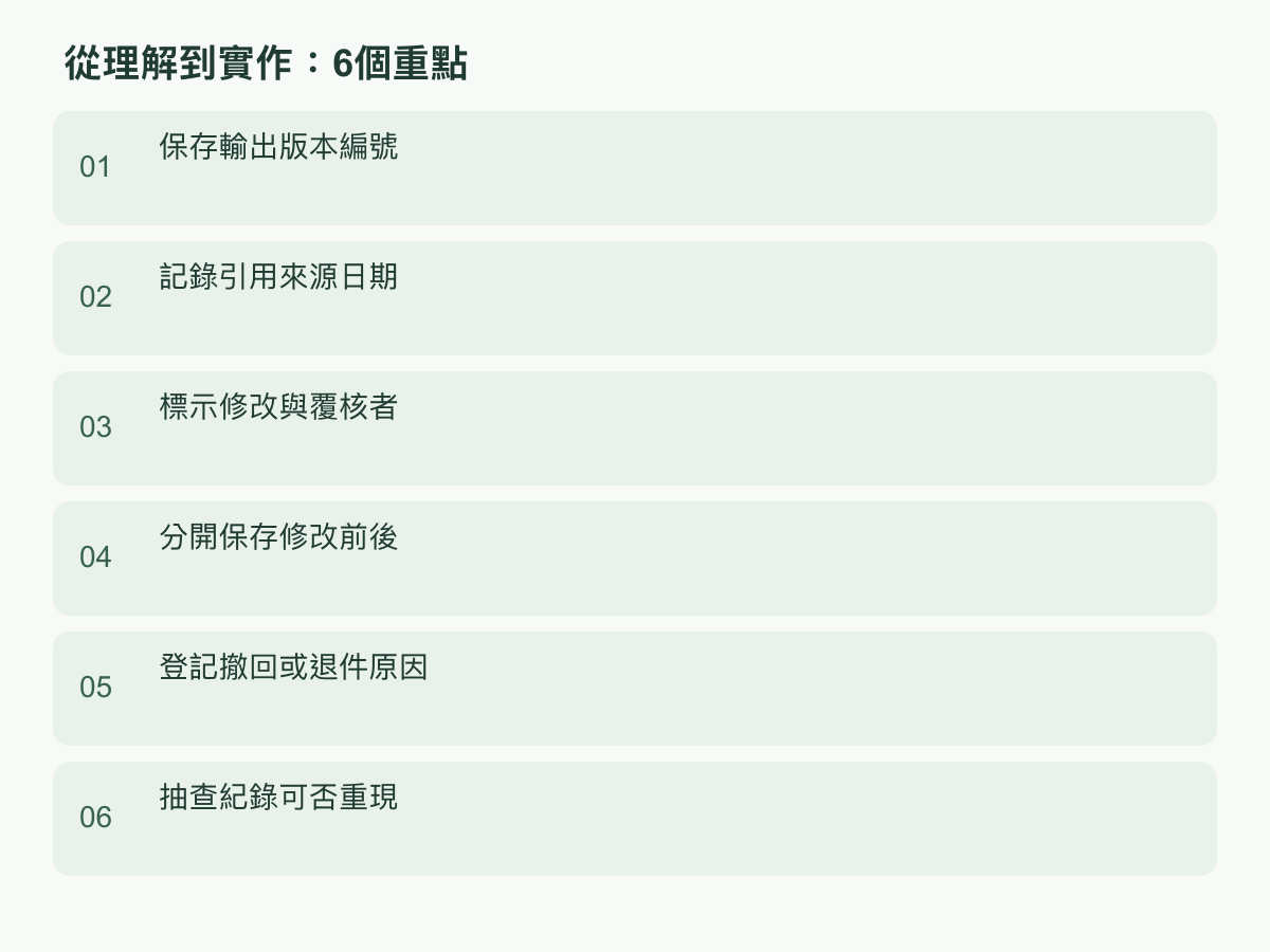 實作步驟:保存輸出版本編號;記錄引用來源日期;標示修改與覆核者;分開保存修改前後;登記撤回或退件原因;抽查紀錄可否重現