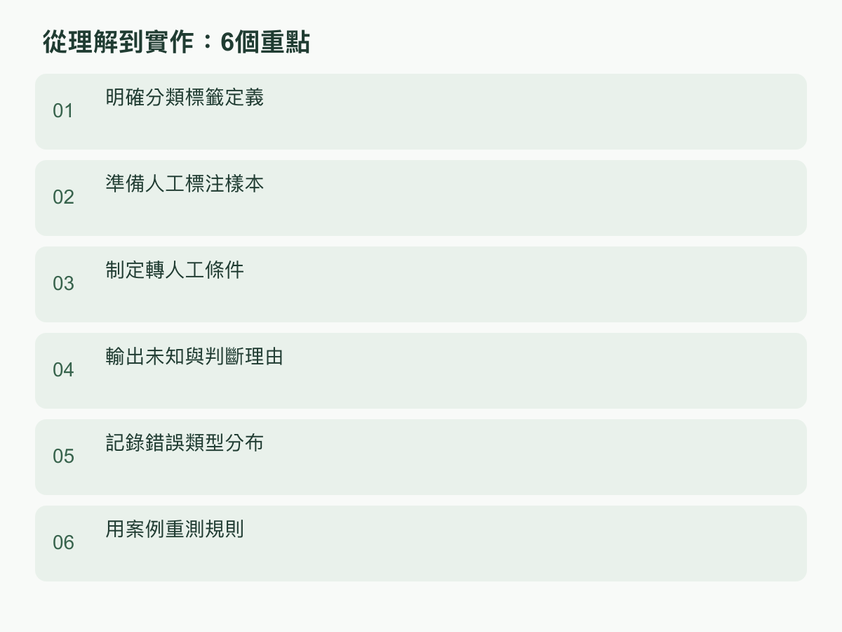 實作步驟:明確分類標籤定義;準備人工標注樣本;制定轉人工條件;輸出未知與判斷理由;記錄錯誤類型分布;用案例重測規則