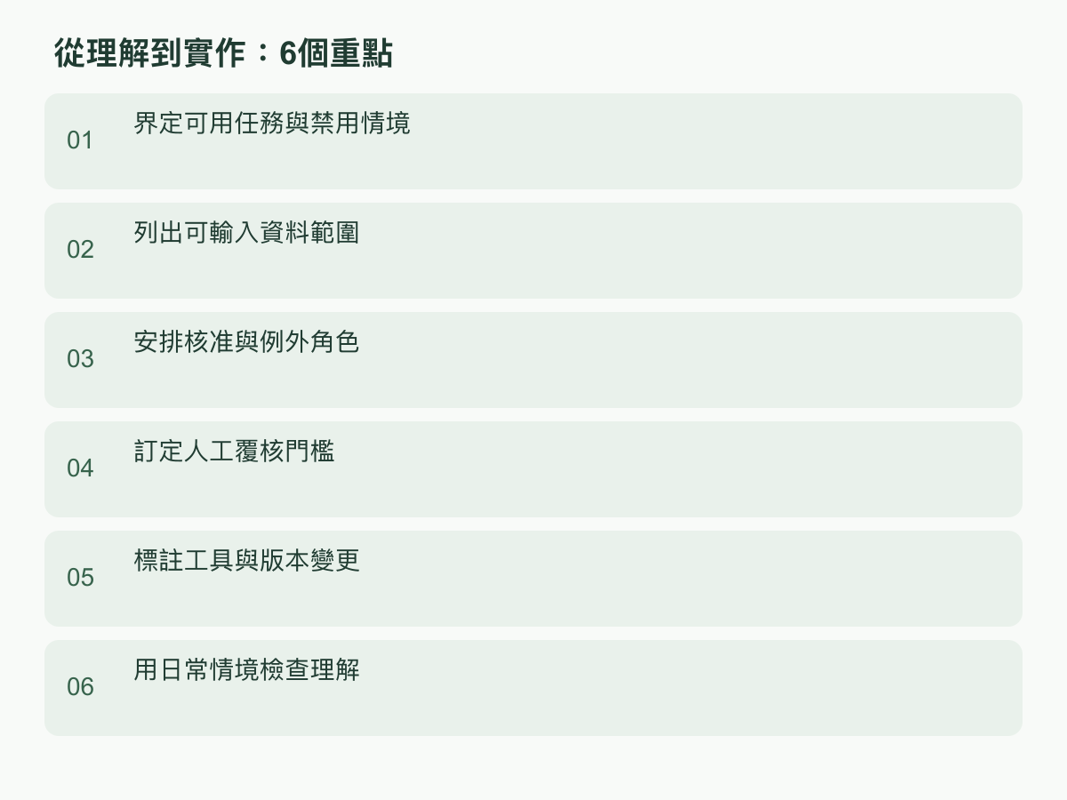 實作步驟:界定可用任務與禁用情境;列出可輸入資料範圍;安排核准與例外角色;訂定人工覆核門檻;標註工具與版本變更;用日常情境檢查理解
