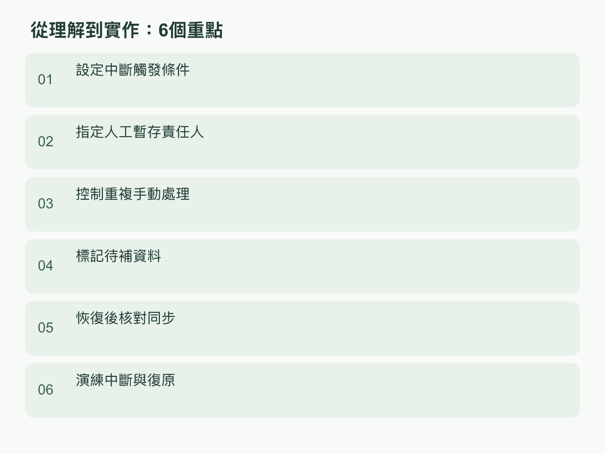 實作步驟:設定中斷觸發條件;指定人工暫存責任人;控制重複手動處理;標記待補資料;恢復後核對同步;演練中斷與復原