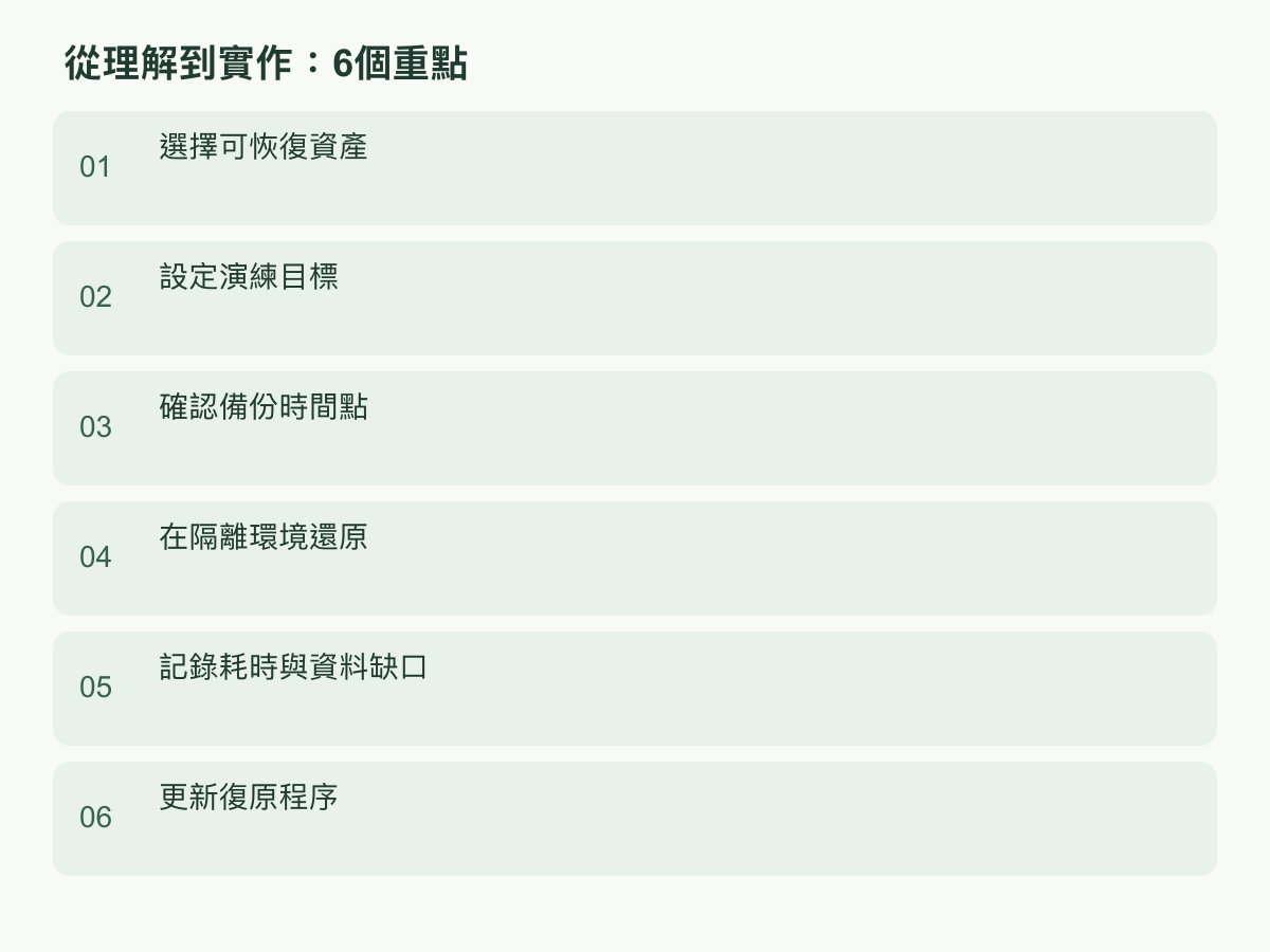 實作步驟:選擇可恢復資產;設定演練目標;確認備份時間點;在隔離環境還原;記錄耗時與資料缺口;更新復原程序