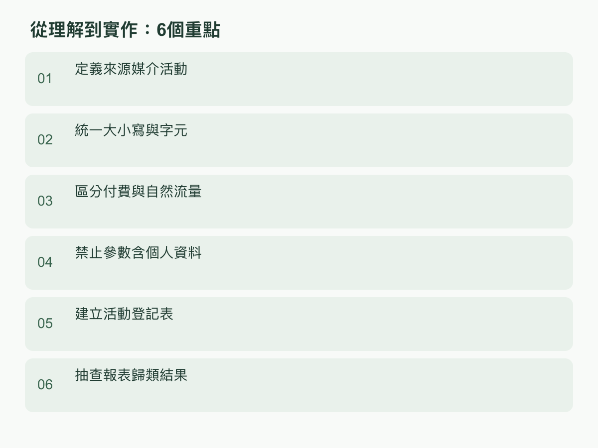 實作步驟:定義來源媒介活動;統一大小寫與字元;區分付費與自然流量;禁止參數含個人資料;建立活動登記表;抽查報表歸類結果