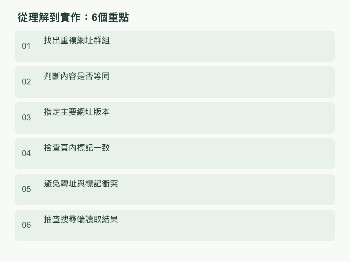 實作步驟：找出重複網址群組；判斷內容是否等同；指定主要網址版本；檢查頁內標記一致；避免轉址與標記衝突；抽查搜尋端讀取結果