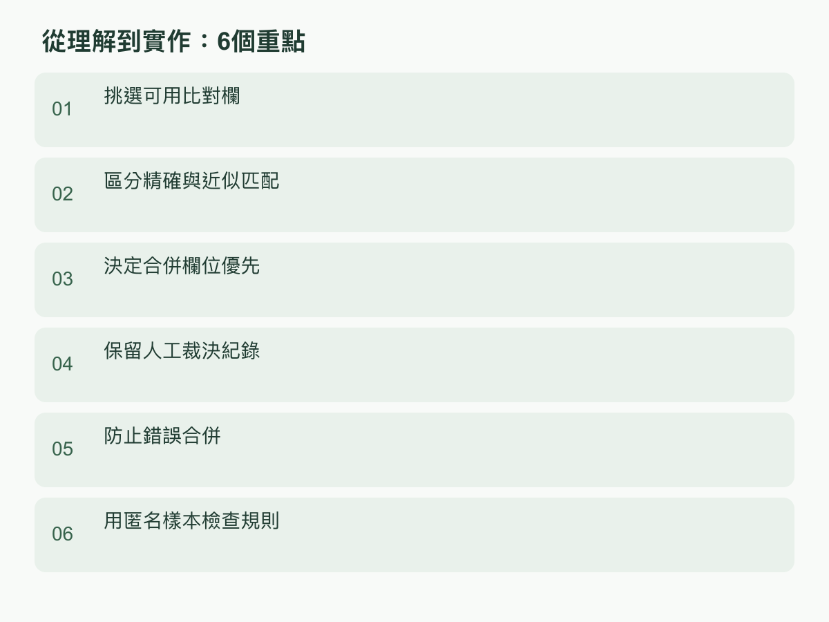 實作步驟:挑選可用比對欄;區分精確與近似匹配;決定合併欄位優先;保留人工裁決紀錄;防止錯誤合併;用匿名樣本檢查規則