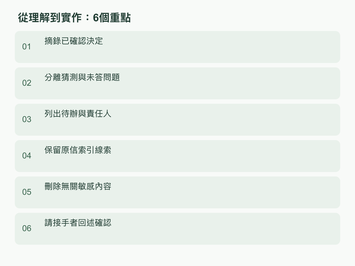 實作步驟:摘錄已確認決定;分離猜測與未答問題;列出待辦與責任人;保留原信索引線索;刪除無關敏感內容;請接手者回述確認