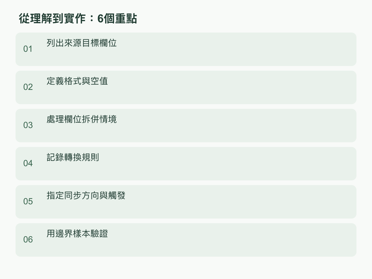 實作步驟:列出來源目標欄位;定義格式與空值;處理欄位拆併情境;記錄轉換規則;指定同步方向與觸發;用邊界樣本驗證