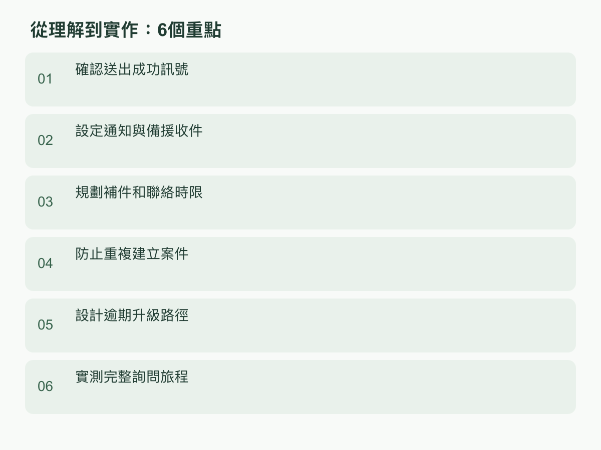 實作步驟:確認送出成功訊號;設定通知與備援收件;規劃補件和聯絡時限;防止重複建立案件;設計逾期升級路徑;實測完整詢問旅程