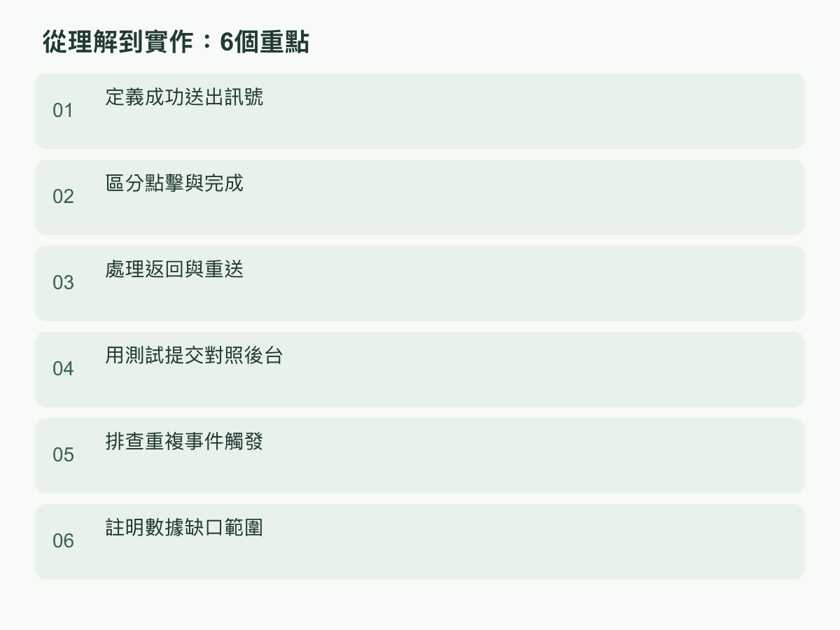 實作步驟：定義成功送出訊號；區分點擊與完成；處理返回與重送；用測試提交對照後台；排查重複事件觸發；註明數據缺口範圍