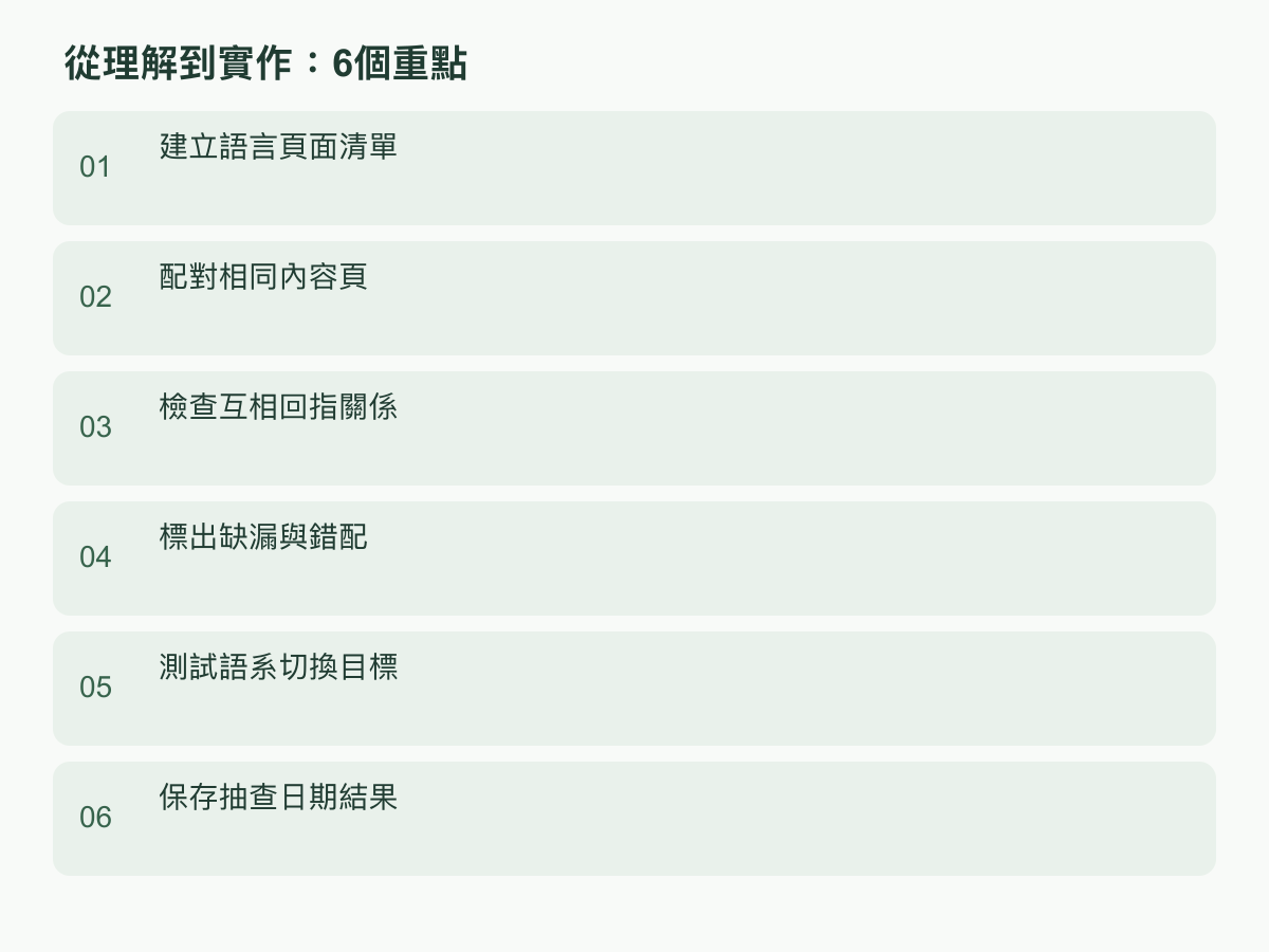 實作步驟:建立語言頁面清單;配對相同內容頁;檢查互相回指關係;標出缺漏與錯配;測試語系切換目標;保存抽查日期結果