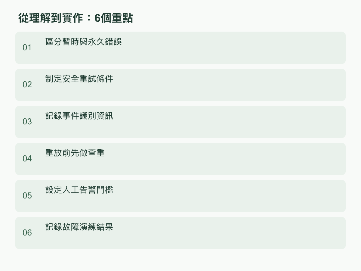 實作步驟:區分暫時與永久錯誤;制定安全重試條件;記錄事件識別資訊;重放前先做查重;設定人工告警門檻;記錄故障演練結果