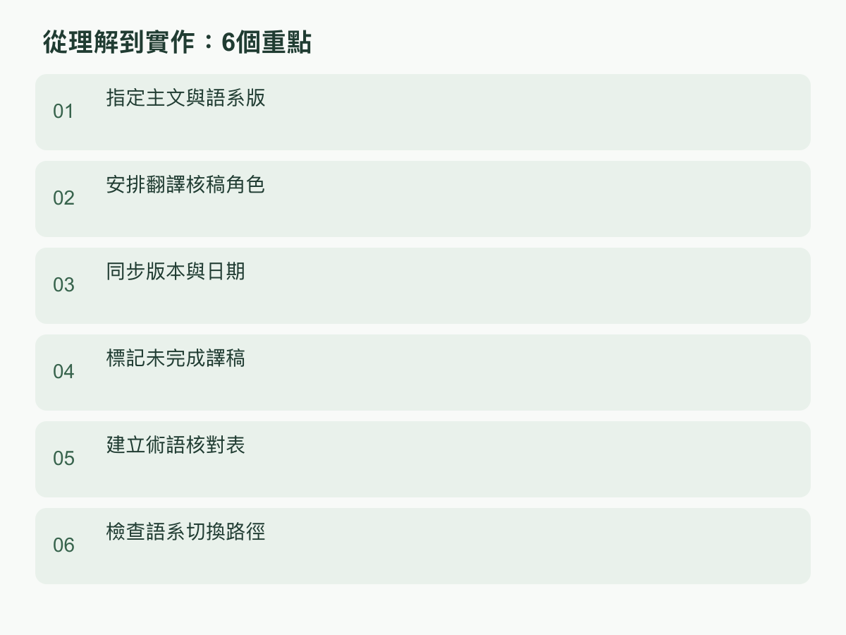 實作步驟:指定主文與語系版;安排翻譯核稿角色;同步版本與日期;標記未完成譯稿;建立術語核對表;檢查語系切換路徑