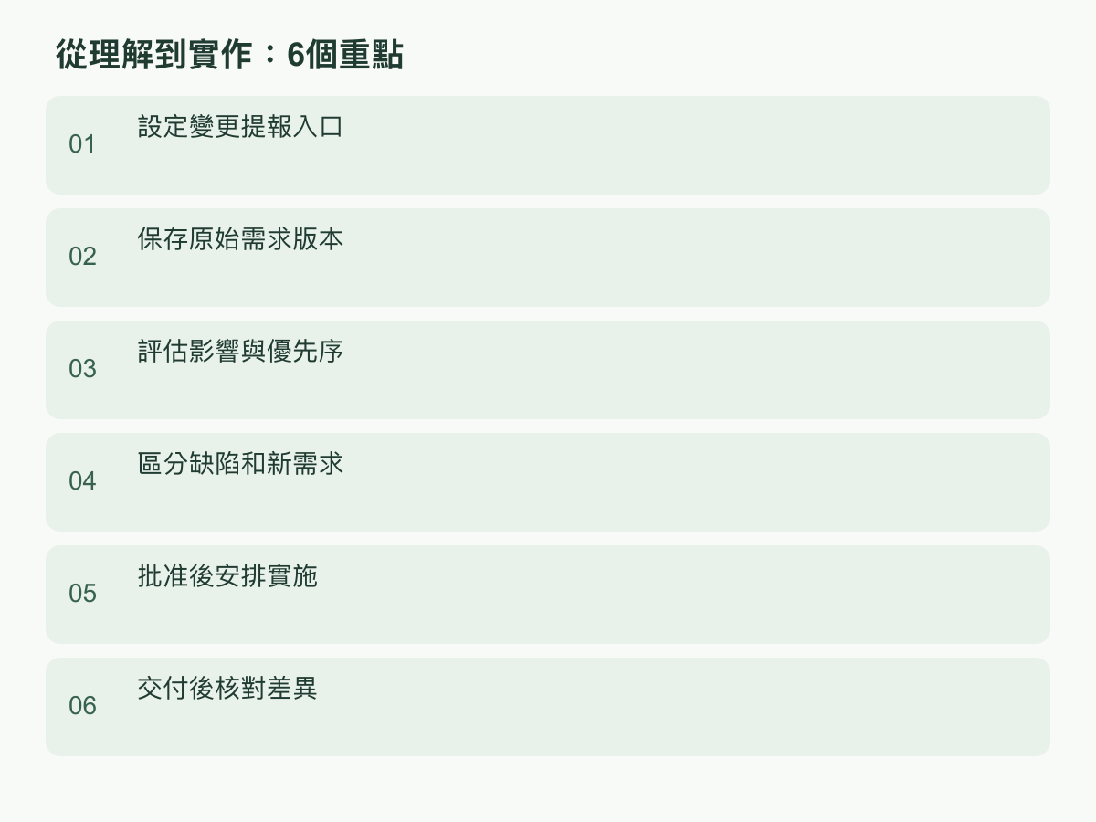 實作步驟：設定變更提報入口；保存原始需求版本；評估影響與優先序；區分缺陷和新需求；批准後安排實施；交付後核對差異
