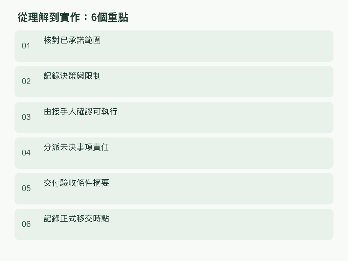 實作步驟:核對已承諾範圍;記錄決策與限制;由接手人確認可執行;分派未決事項責任;交付驗收條件摘要;記錄正式移交時點