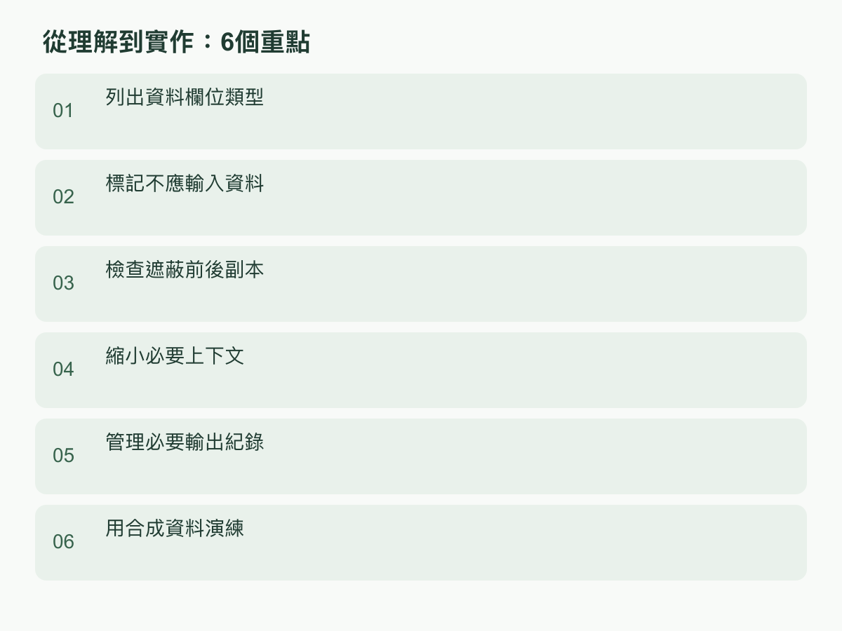 實作步驟:列出資料欄位類型;標記不應輸入資料;檢查遮蔽前後副本;縮小必要上下文;管理必要輸出紀錄;用合成資料演練