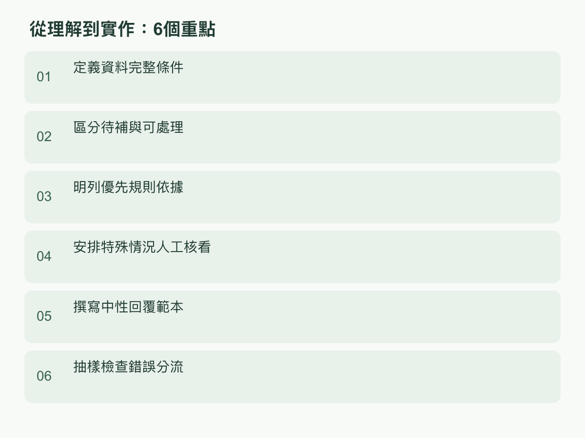 實作步驟:定義資料完整條件;區分待補與可處理;明列優先規則依據;安排特殊情況人工核看;撰寫中性回覆範本;抽樣檢查錯誤分流