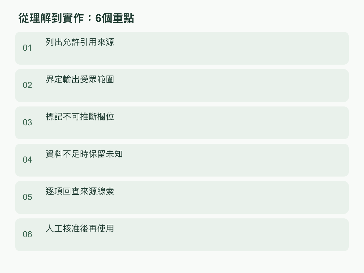實作步驟:列出允許引用來源;界定輸出受眾範圍;標記不可推斷欄位;資料不足時保留未知;逐項回查來源線索;人工核准後再使用