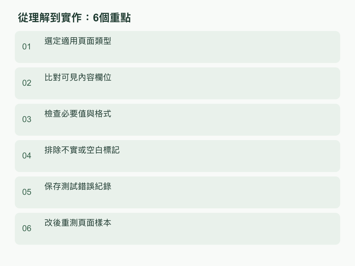 實作步驟:選定適用頁面類型;比對可見內容欄位;檢查必要值與格式;排除不實或空白標記;保存測試錯誤紀錄;改後重測頁面樣本