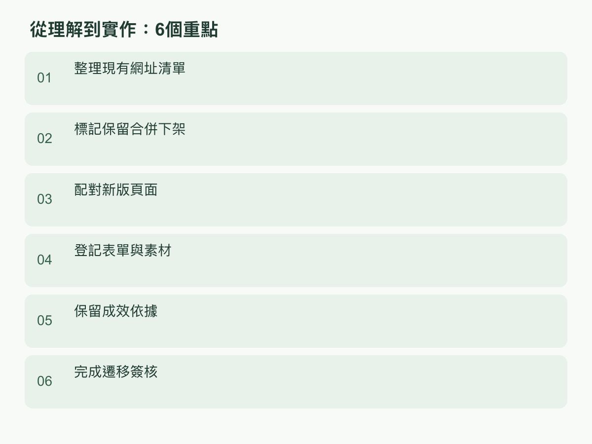 實作步驟:整理現有網址清單;標記保留合併下架;配對新版頁面;登記表單與素材;保留成效依據;完成遷移簽核