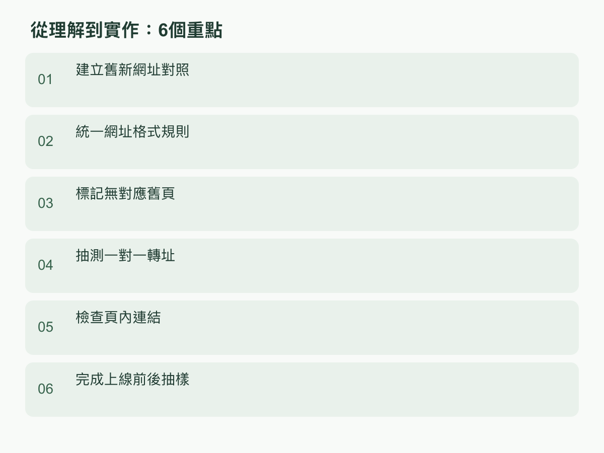 實作步驟:建立舊新網址對照;統一網址格式規則;標記無對應舊頁;抽測一對一轉址;檢查頁內連結;完成上線前後抽樣