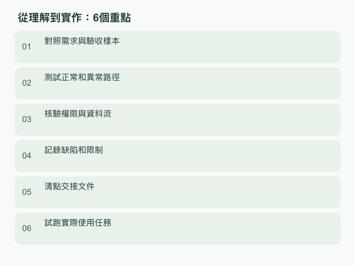 實作步驟:對照需求與驗收樣本;測試正常和異常路徑;核驗權限與資料流;記錄缺陷和限制;清點交接文件;試跑實際使用任務