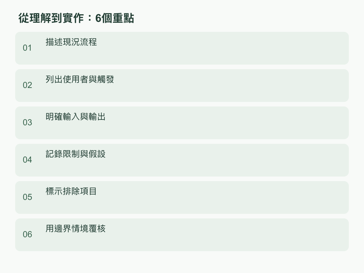 實作步驟:描述現況流程;列出使用者與觸發;明確輸入與輸出;記錄限制與假設;標示排除項目;用邊界情境覆核