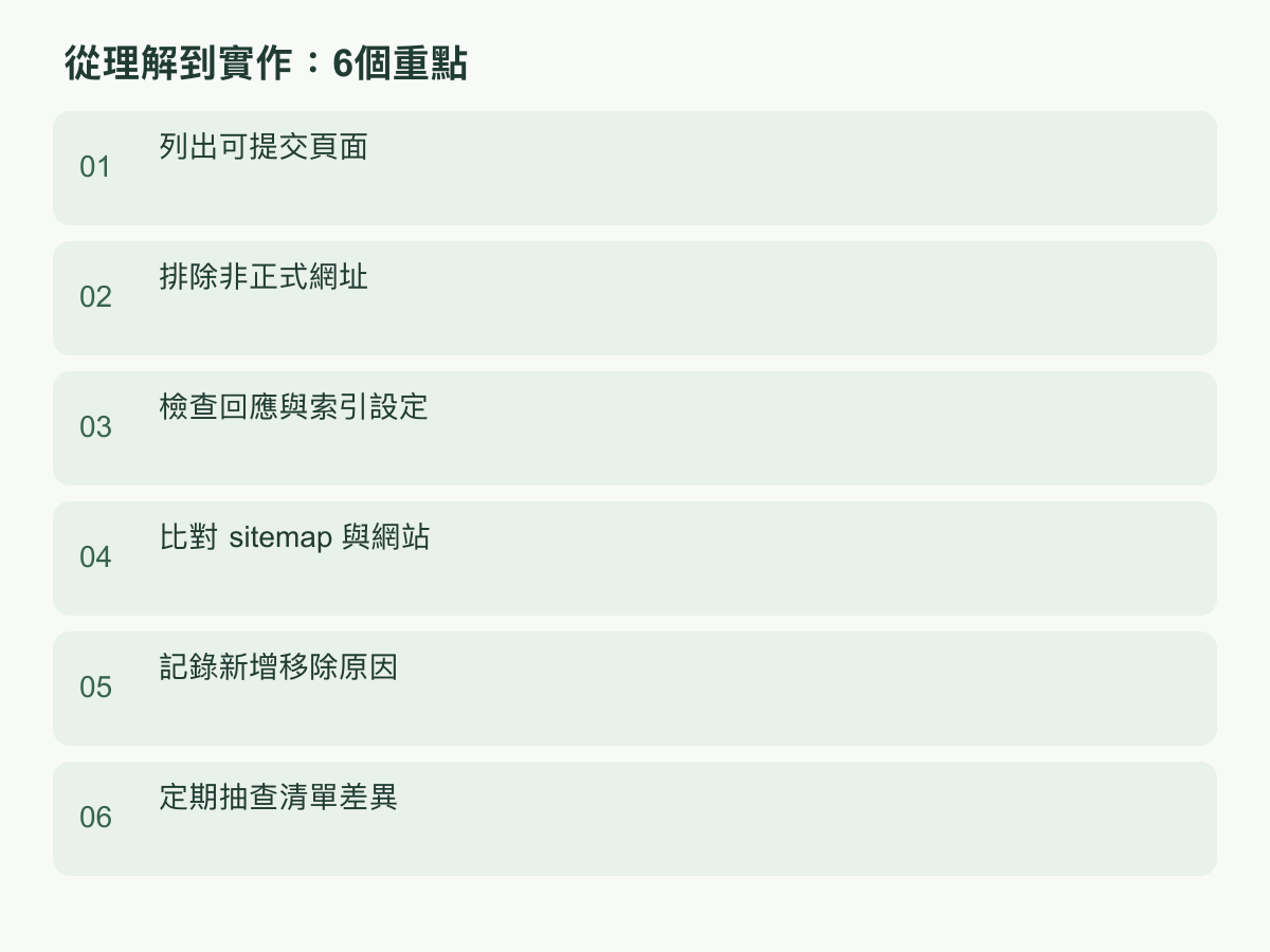 實作步驟:列出可提交頁面;排除非正式網址;檢查回應與索引設定;比對 sitemap 與網站;記錄新增移除原因;定期抽查清單差異
